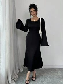 Rafferiza 秋季缎面优雅长款系腰圆领中长连衣裙长款女装 - 黑色 - 查看 1