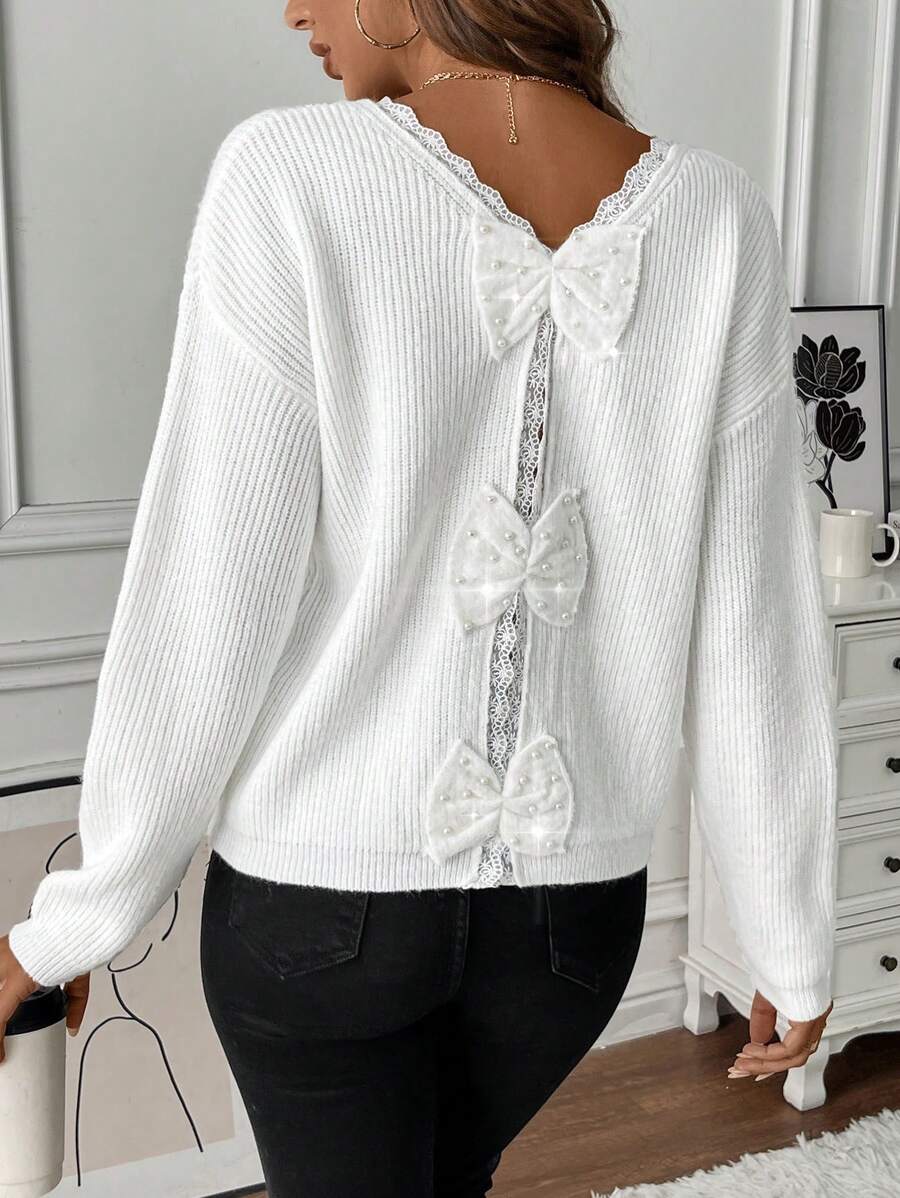 SHEIN Unity Women's Solid Color Simple Everyday Contrast Lace Bow Decor Pullover Sweater,Long Sleeve Tops, Knit Pullover Fall Winter - White - View 1