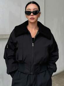 DAZY Abrigo acolchado para mujer, forrado térmico, parche de borreguito sintético, chaqueta estilo motocicleta - Negro - Ver 7