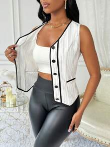 SHEIN Clasi Contrast Trim Front Button Sleeveless Minimalist Suit Vest - White - View 6