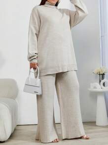 EURMUSE Plus Size Sweater 2pcs High Neck Drop Shoulder Sweater And Ribbed Solid Color Sweater Pants, For Winter - Beige - View 5