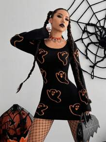 SHEIN Unity 女式万圣节卡通印花修身毛衣裙 - 黑色 - 查看 4