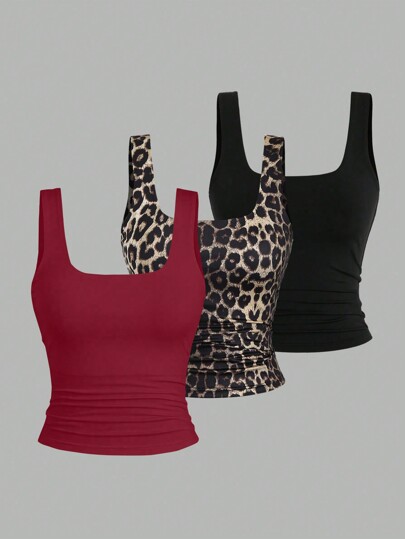 Sweetra Top de tirantes casual y versátil para mujeres, camiseta de mujer con estampado de leopardo gráfico de verano