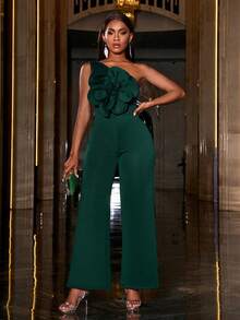 Faeriesty 立体花朵单肩无袖派对连体裤 - 墨綠色 - 查看 6