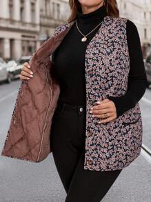 Plus Size Sleeveless All-Over Ditsy Floral Casual Jacket - Multicolor - View 4