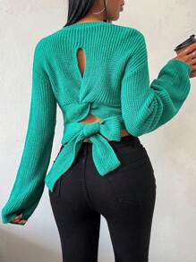 纯色扭纹后背设计圆领长袖套头衫 - 綠色 - 查看 4