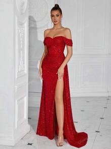 Elisanya Robe de cocktail à la taille plissée, à l'épaule dénudée, avec nœud et fente au dos. Robe de soirée élégante et formelle pour les invités de mariage, les remises de diplômes, les dîners. Avec paillettes