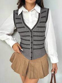 SHEIN Unity Striped Pattern Button Front Sweater Vest Without Blouse - Camel - View 4