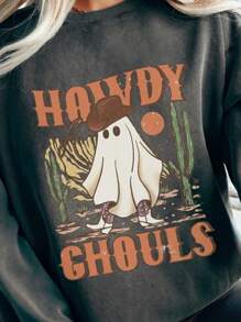 SHEIN LUNE Plus Size Crew Neck Long Sleeve Letter Print Minimalist Halloween Sweatshirt, Casual Daily Wear