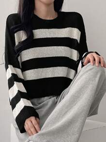 DAZY 女士条纹宽松针织毛衣 - 黑與白 - 查看 7
