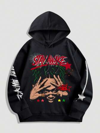 Street Life Men's Hooded Letter & Figure Print Drawstring Long Sleeve Fashionable Sweatshirt