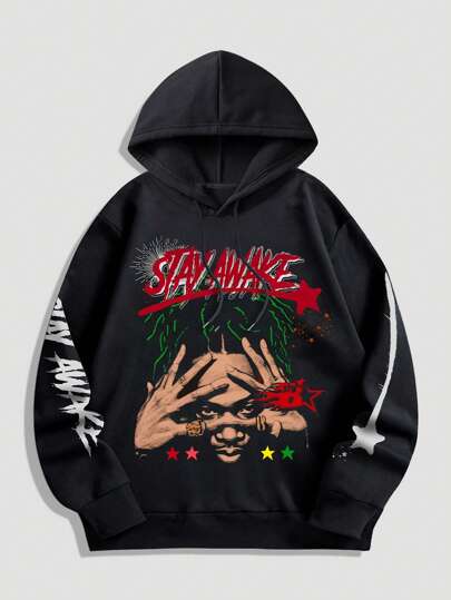 Street Life Sudadera con capucha de manga larga de moda con cordón y estampado de letras y figuras para hombre