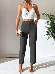 SHEIN PETITE Quần ống côn màu trơn giản dị - Màu xám đen - Xem 6