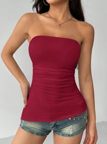 SHEIN PETITE Solid Ruched Split Side Tube Top