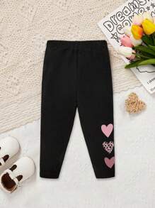 SHEIN Baby Girl Casual Cute Cartoon Heart & Leopard Print Pattern Leggings, Versatile Black Cotton Blend Pants Suitable For Spring/Summer