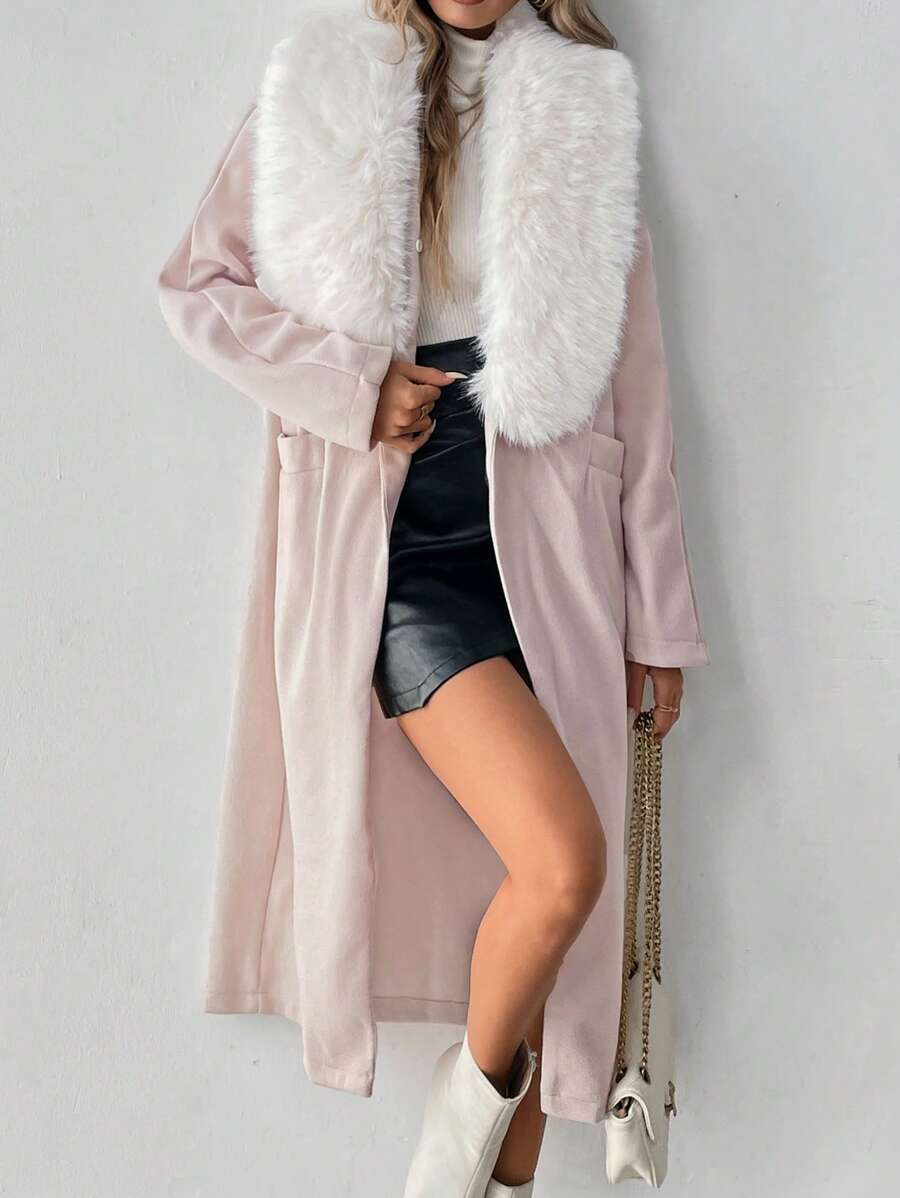 SHEIN Clasi 女式长袖毛领针织大衣 - 杏色 - 查看 1