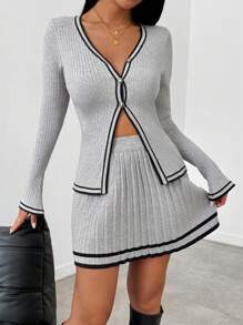 SHEIN LUNE 2pcs Women's V-Neck Contrast Trim Blouse And Striped Pleated Skirt Sweater Set Fall Winter Cloth For Women - Multicolor - View 6