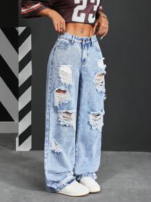 SHEIN PETITE Women's Ripped Wide Leg Loose Casual Versatile Denim Jeans Y2K Pocket Hole Fashion Wash