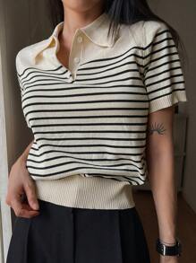 DAZY Suéter de punto de manga corta casual con rayas de contraste para mujer, otoño - Albaricoque - Ver 3