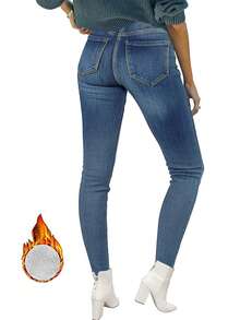 Skinny Cropped Warm Denim Jeans, Winter - Blue - View 6