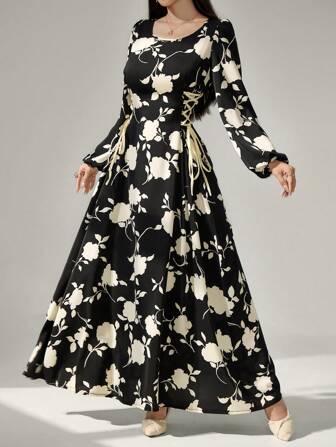 Mulvari Vestido estilo árabe modesto con estampado floral, abertura con botón en la espalda, mangas farol y cintura con cordón