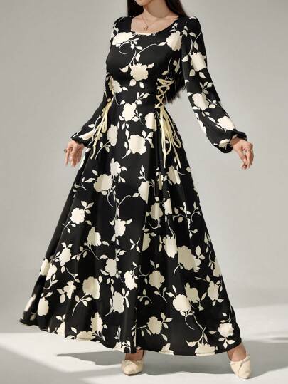 Mulvari Round Neck Lantern Sleeve Side Drawstring Dual-Color Print Dress