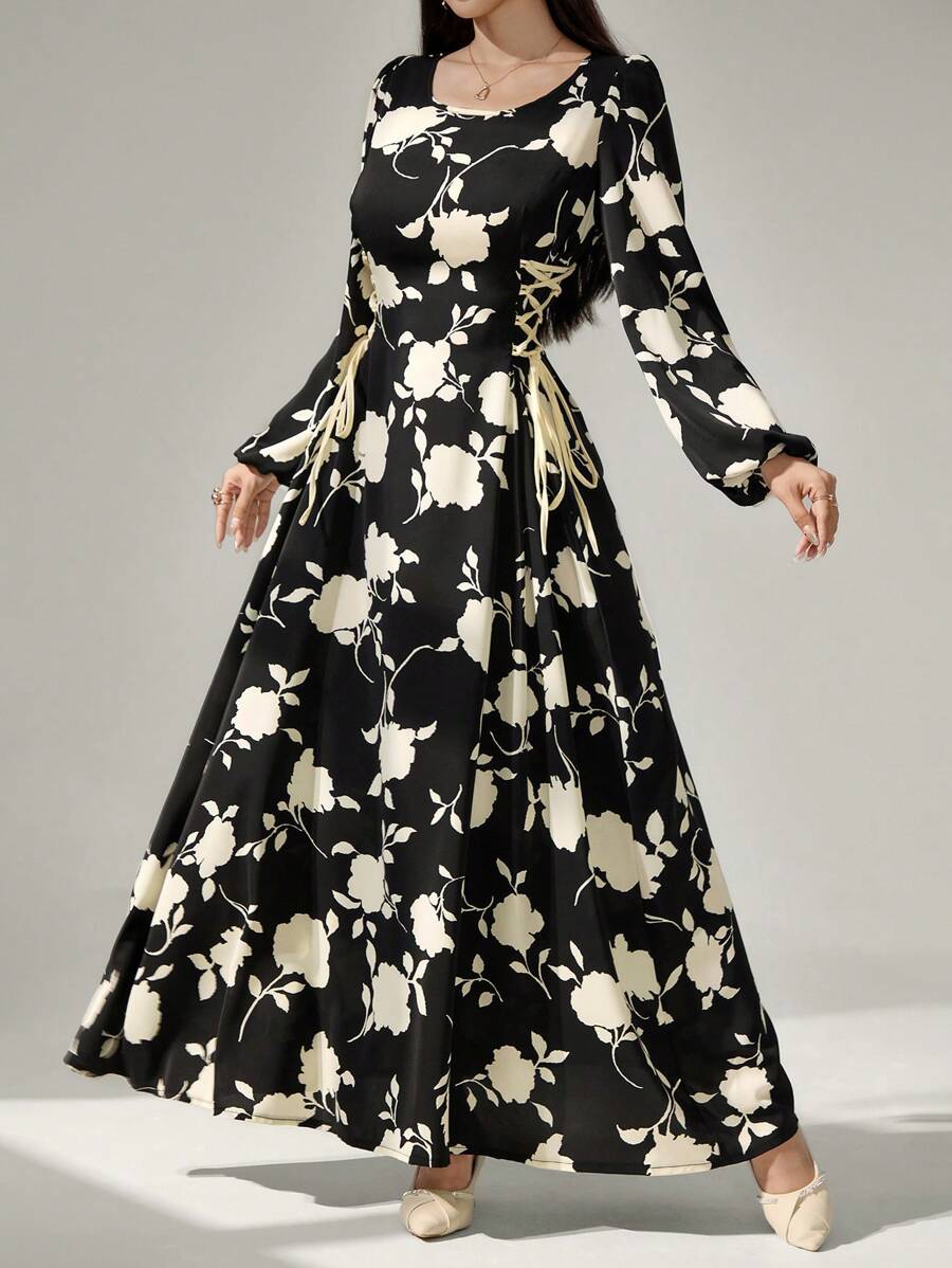 Al Najma Round Neck Lantern Sleeve Side Drawstring Dual-Color Print Dress