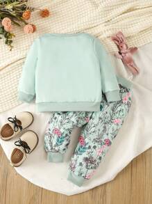 女婴可爱兔子和花卉印花运动衫和裤子套装