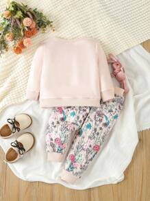 2 件装女婴可爱兔子和花卉印花运动衫和裤子套装 - 粉色 - 查看 2