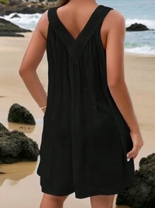 Swim Lushoire 女士纯色宽肩带简约褶皱短款罩衫，休闲度假夏季 - 黑色 - 查看 2