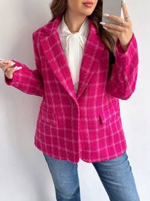 SHEIN Privé Blazer de manga larga elegante de talla grande para oficina y escuela, de estilo vintage a cuadros, cálido para el invierno - Rosa - Ver 5