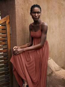 Maija Vestido Vermelho Tijolo Feminino, Roupa de Férias de Verão, Vestido de Praia Sólido Boêmio Moderno de Resort, Vestido Plissado Sem Mangas Minimalista