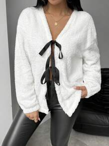 Chiquease Women Contrast Color Warm Fleece Hooded Jacket With Front Tie - White - View 8