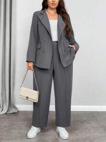 SHEIN Privé Bộ 2 món áo khoác blazer dài tối giản thường ngày cỡ lớn cho nữ màu xám - Xám - Xem 1