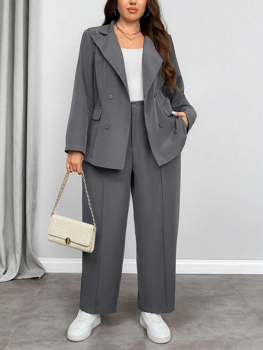 SHEIN Privé Bộ 2 món áo khoác blazer dài tối giản thường ngày cỡ lớn cho nữ màu xám - Xám - Xem 1