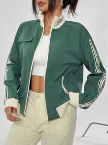 SHEIN Unity Women's Contrast Stripe Stand Collar Long Sleeve Jacket Fall Winter Cloth For Women - Green - View 4