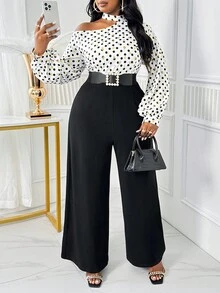 SHEIN Lady Bộ đồ liền thân dài thẳng cổ tròn chấm bi đen thanh lịch mùa thu đông trễ vai - Đen và trắng - Xem 5