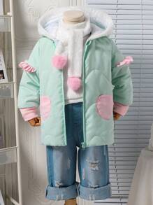 Young Girls Quilted Padded Coat With Ruffled Hooded Design,Color-Blocked Outerwear Paired With Plush Scarf For Cozy Warmth,Autumn/Winter Collection - Green - View 1