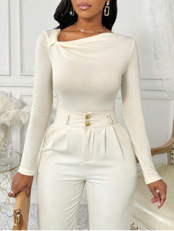 Lyxana Long Sleeve Asymmetric Neck Pleated Casual Solid Color T-Shirt, Spring & Autumn