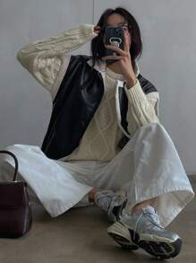 DAZY 女士前拉链长袖 PU 羊毛背心，日常休闲装，冬季女装，女士冬季外套 - 黑色 - 查看 3