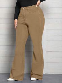 EMERY ROSE 大码女式弹力喇叭裤，带口袋，休闲牛仔裤 - 卡其色 - 查看 5