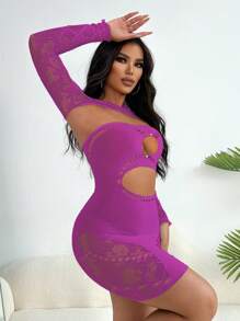 VaVaBold 时尚透明网眼纯色镂空圆领紧身长袖连衣裙 - 紫色 - 查看 5