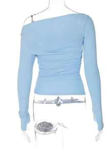 INAWLY Femmes Tee-shirt ajusté à manches longues plissé, col asymétrique, couleur unie, printemps/été - Bleu azur - Voir 2