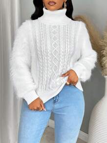 Zolique Women's Stans Neck Long Sleeve Sweater, Knit Pullover Fall Winter - Beige - View 7