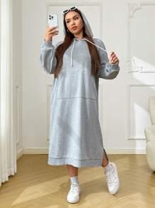 SHEIN EZwear Plus Size Women Gray Long Hooded Sweatshirt Dress With Pockets, Warm Autumn Winter Fall - Grey - View 6