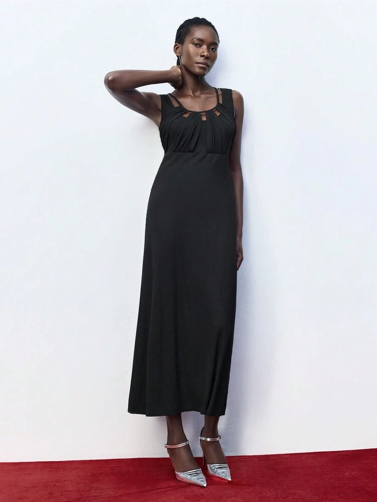 SHEIN Maija Damen schwarzes einfarbiges Kleid mit Rundhalsausschnitt und ärmellos, Herbst