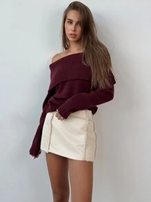 Aloruh 女装秋冬日常休闲优雅通勤酒红色露肩长袖简约针织毛衣七分袖上衣 - 酒紅色 - 查看 5