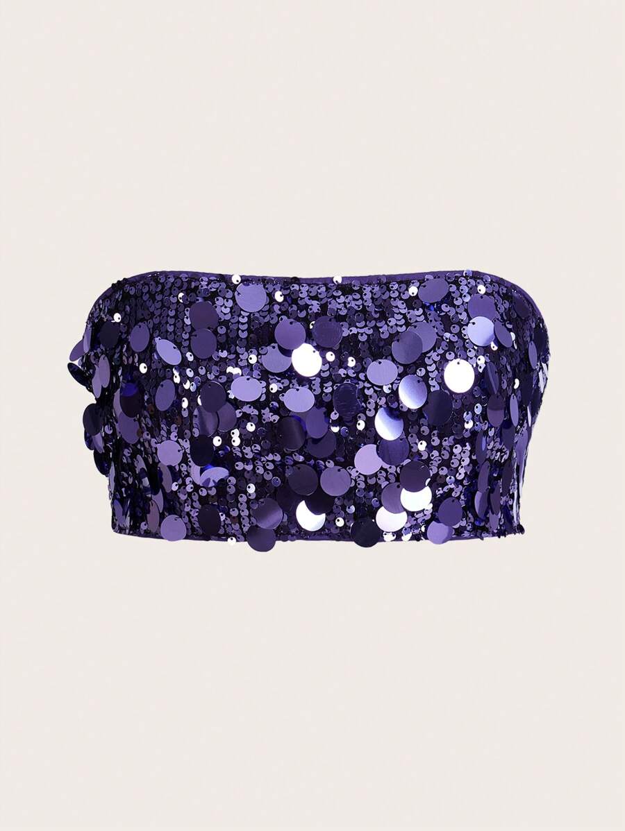 SHEIN ICON Silver Sequin Decor Tube Top - Purple - View 1