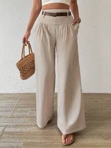 Chiquease Women Solid Color Pleated Loose Leg Pants Daily Casual Fall Cloth For Women - Beige - View 6