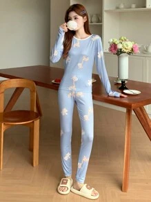 DAZY Cute Giraffe Pattern Bodycon Pajamas Set - Blue - View 7